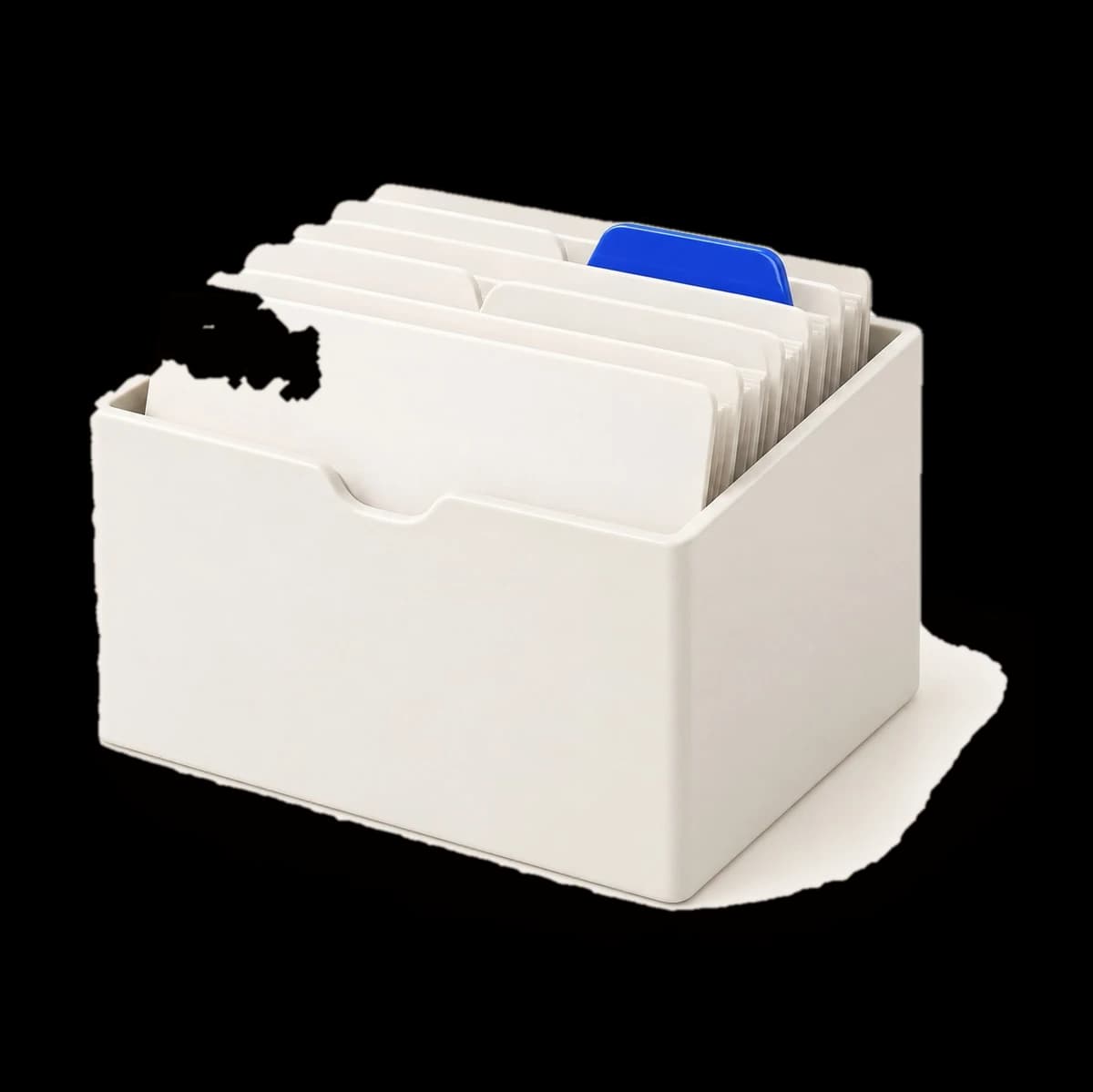 White clay file box with one cobalt tab