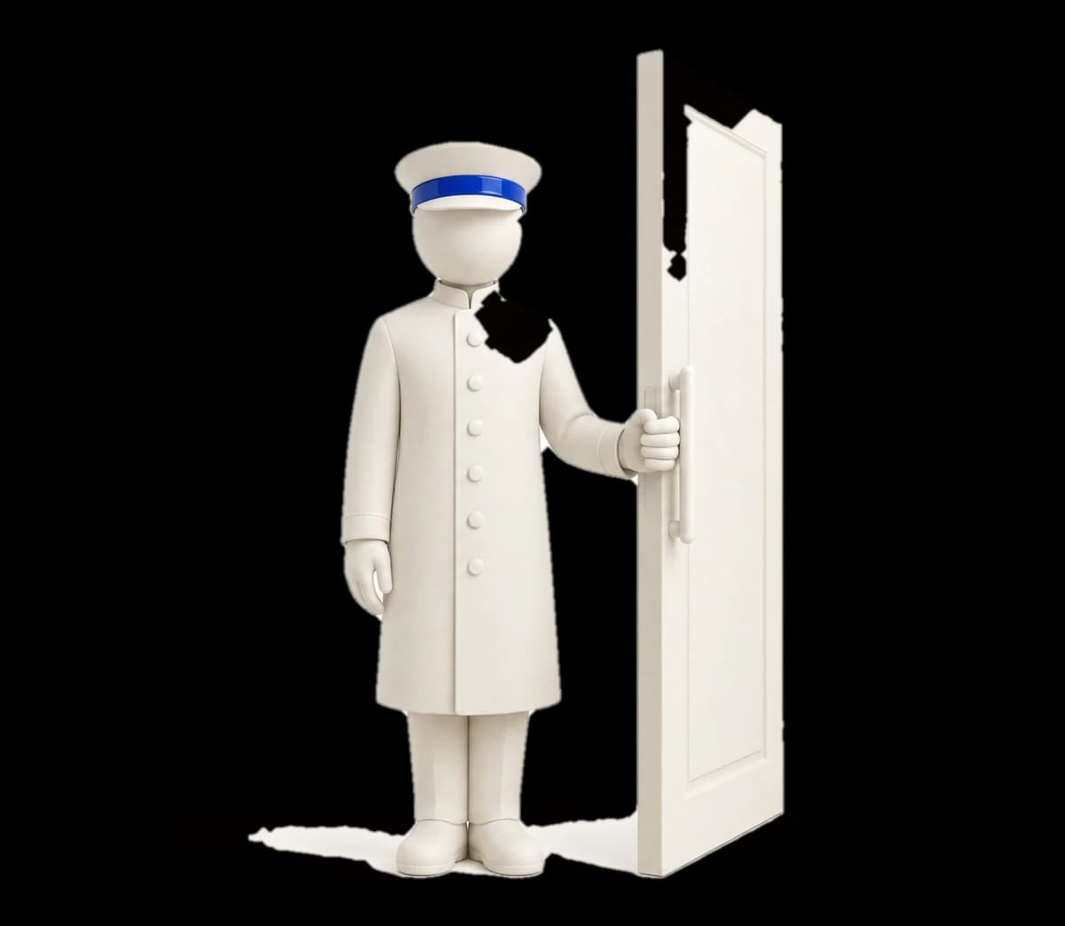 White clay doorman holding a door open, cobalt band on his cap