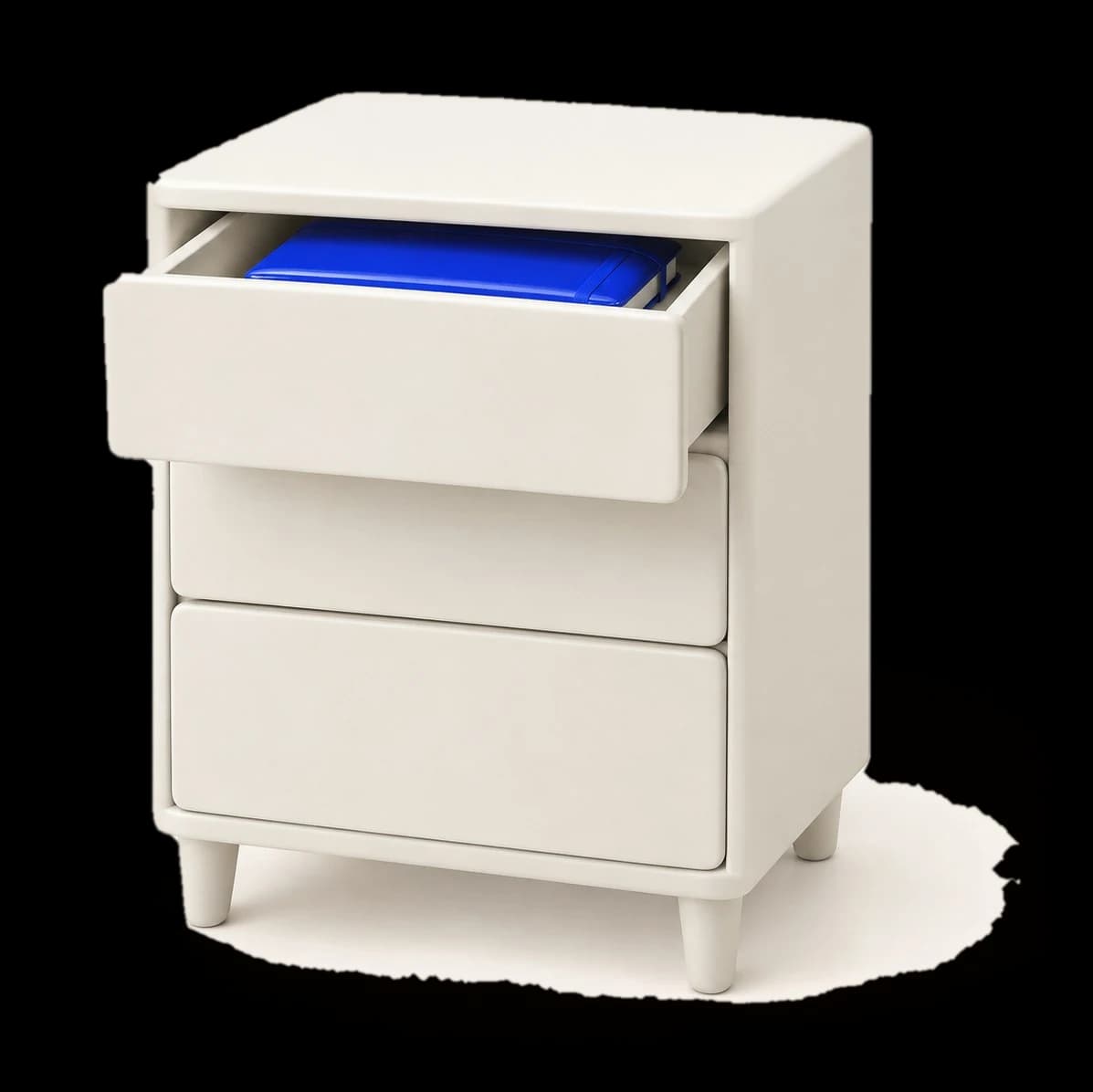 White clay drawer cabinet, the top drawer open on a cobalt folder