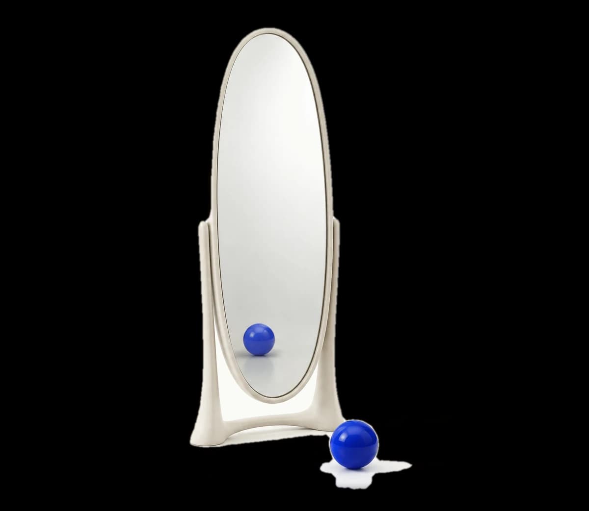 A white standing mirror with a cobalt ball at its foot