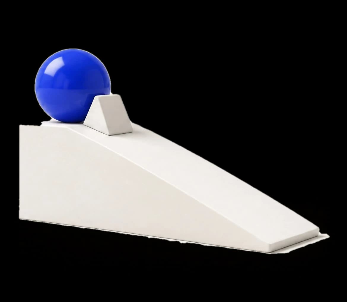 A white ramp with a cobalt ball at the top