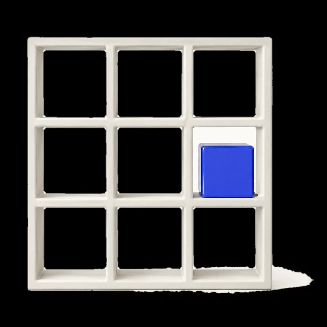 Open white shelving with one cobalt cube in place