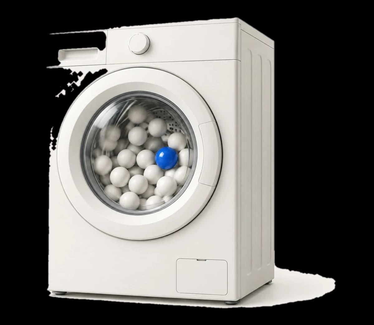 A white washing machine with one cobalt ball in the drum
